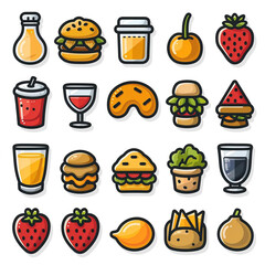 The image features a collection of twelve stylized food and beverage icons