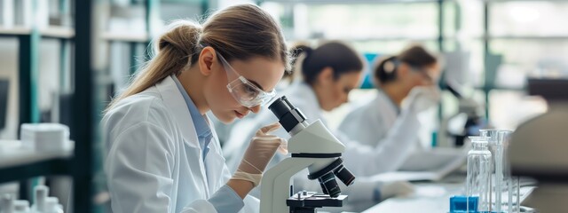 Young female scientists or students conduct scientific research in a medical laboratory