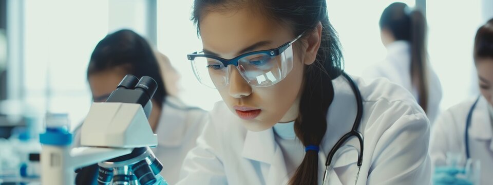 Young female scientists or students conduct scientific research in a medical laboratory