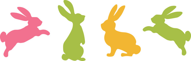 Silhouettes of easter bunnies isolated on a white background. Set of different rabbits silhouettes for design use. Easter concept. Print