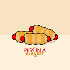 National Pigs in a Blanket Day event banner. Pork sausage wrapped in bread dough on light brown background to celebrate on April 24th