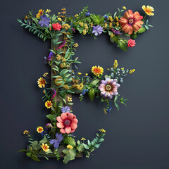Beautiful floral alphabet isolated on black background. Letter F. Floral font.