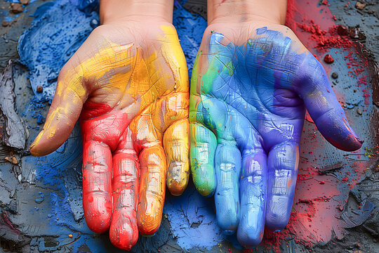 Colorful painted hands and artistic expression, inclusion and diversity 