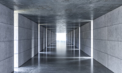 Futuristic concrete corridor with illuminated end