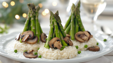 A plated dish featuring risotto topped with a bundle of asparagus and sliced mushrooms, garnished with peas.