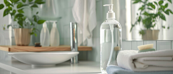 Clear glass bottle containing hand soap placed on a white bathroom countertop with soap dispenser. - obrazy, fototapety, plakaty