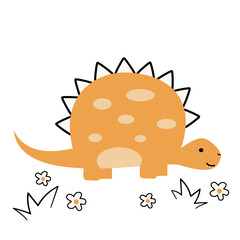 cute hand drawn cartoon character yellow dinosaur funny vector illustration with daisy flowers isolated on white background	