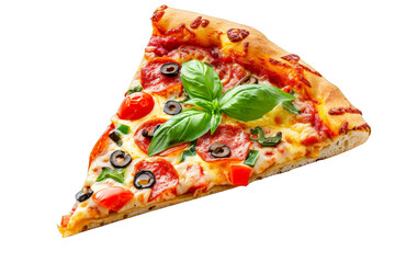 Delicious Pizza Slice With Basil, Olives, and Tomatoes
