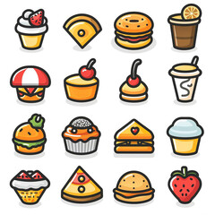 The image features a collection of twelve stylized food and beverage icons