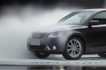 Naklejka premium Car washing with foam and water. Washing a car with high pressure water at a professional car wash.