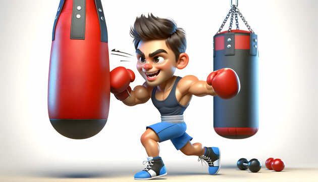 Ring Warrior: 3D Caricature Illustration of Boxer in Action, Cartoon Knockout: 3D Boxer Caricature in Training, Punching Power: 3D Caricature of Young Boxer