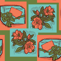 Gift box, ribbon and flowers seamless pattern for wrapping present with bow, party celebration, sale promotion, Textile print, fabric design, banner background. Hand drawn illustration cartoon style.