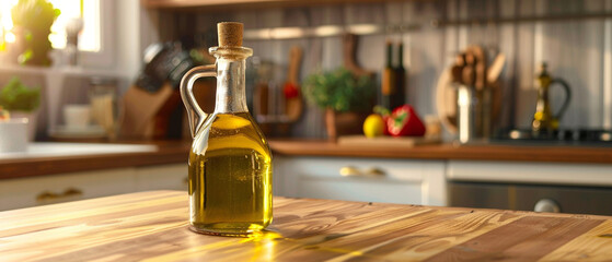 Transparent glass bottle filled with olive oil, standing on a wooden kitchen counter.