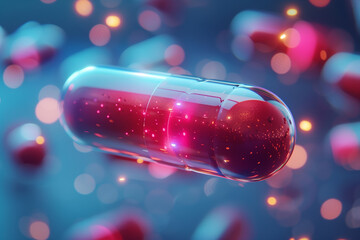 Antibiotic pill capsules are levitation in the air. Healthcare and medical concept  - obrazy, fototapety, plakaty