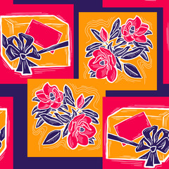 Gift box, ribbon and flowers seamless pattern for wrapping present with bow, party celebration, sale promotion, Textile print, fabric design, banner background. Hand drawn illustration cartoon style.
