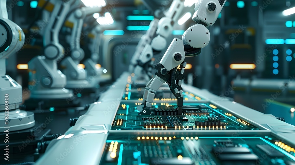Aufkleber futuristic pcb assembly line with meticulous robotic placement of components under precise lighting
