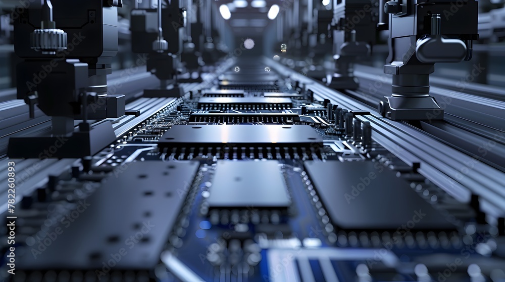 Poster intricate automated pcb assembly:a contrast of delicate circuits and robust machinery