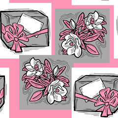 Gift box, ribbon and flowers seamless pattern for wrapping present with bow, party celebration, sale promotion, Textile print, fabric design, banner background. Hand drawn illustration cartoon style.