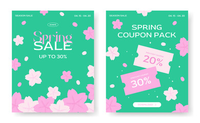 Spring sale coupon cherry blossoms background. Discount promotion template for social media, banners design, web ads. Beautiful flower poster. Flat vector illustration. - 782260830