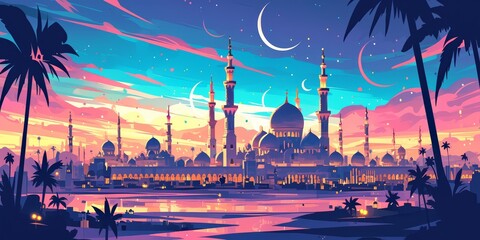cartoon vector style landscape view of the grand mosque at night - obrazy, fototapety, plakaty