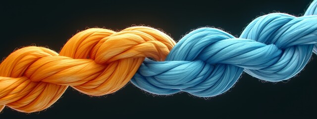 Closeup of a colorful rope chain connecting together on a dark background, symbolizing connection and unity. - obrazy, fototapety, plakaty