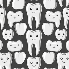 The image displays a pattern of cartoon-style teeth with happy faces. Each tooth has eyes, rosy cheeks, and a smiling mouth, creating a cheerful and friendly appearance.