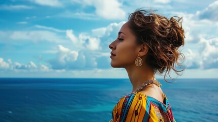 A beautiful young woman with a colorful outfit standing against a deep blue ocean backdrop - Powered by Adobe