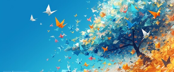 Abstract tree with colorful butterflies flying out of it on light blue background, design for banner or poster about life change concept