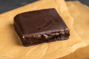 cottage cheese dessert covered with a thin layer of chocolate