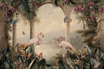 Wallpaper Classic drawing of a palace garden in the Baron style Stone arches overlooking the river and the picturesque nature with trees, flowers, birds, flamingo in vintage style