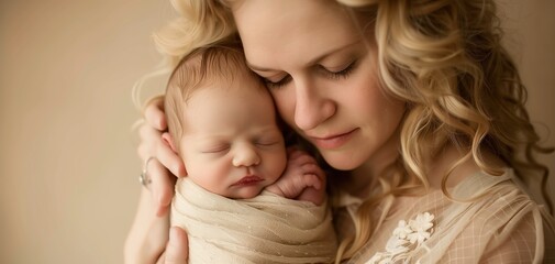 A close-up of a mother tenderly cradling her newborn, soft diffused lighting, neutral backdrop