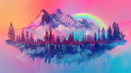 Foto auf Acrylglas mountain with pine trees and a floating rainbow with neon background, retro, aesthetic, 80s, wallpapers, backgrounds, paintings, pine trees, mountain, rainbow, high resolution view © Marco
