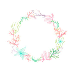 Fototapeta na wymiar a circle wreath with seaweed and corals