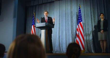 Presidential of USA candidate delivers campaign speech, answers questions, gives interview....