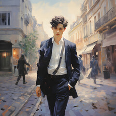 Elegant man walking in cityscape: An impressionistic portrayal of urban life - obrazy, fototapety, plakaty