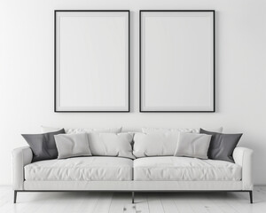 Mockup poster frame on the wall of living room. Luxurious apartment background with contemporary design. Modern interior design. 3D render, 3D illustration
