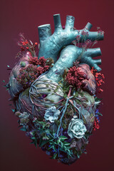 Anatomical heart full of flowers, illustration, 3D render, dark blue and teal colour palette on dark background