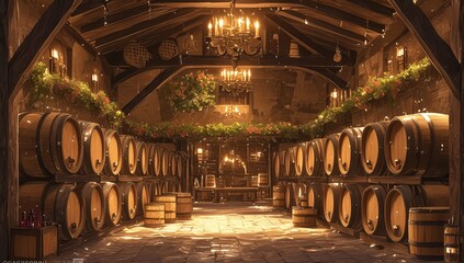 An ancient, dimly lit wine cellar with high ceilings and stone floors, filled with wooden barrels of aged oak in various shapes and sizes.  - obrazy, fototapety, plakaty