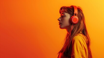A stunning girl casting a glance sideways, headphones adorning her head, against a minimalist solid-colored background