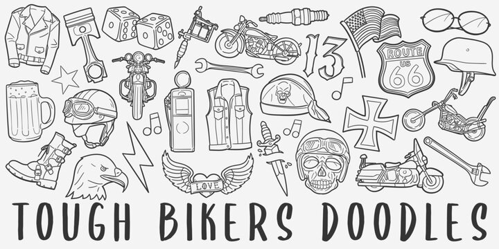 Hard Bikers Doodle Icons Black and White Line Art. Bike Rider Clipart Hand Drawn Symbol Design.