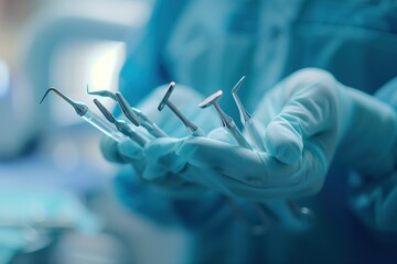 A serene image of a dentist's gloved hands gently cradling examination tools, soft focus - obrazy, fototapety, plakaty