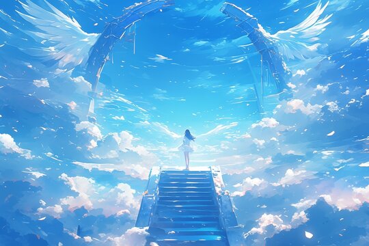 An open gate in the clouds with angel wings on each side, leading to heaven, with stairs and an entrance. 
