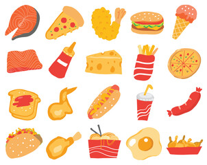 Big set of food icons, collection of fast food images