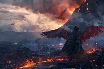 Sorcerer in enchanted robes, crossing lava fields on a phoenix, volcanic ash clouds above, twilight, dynamic lighting - obrazy, fototapety, plakaty