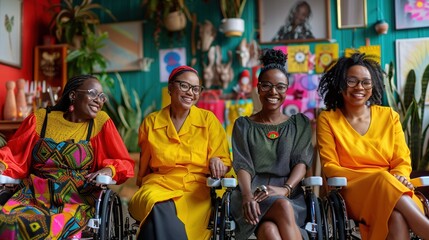 Four women in wheelchairs are smiling and sitting together