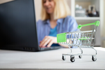 online shopping, banking products, delivery for clothes and goods, cart and woman with laptop