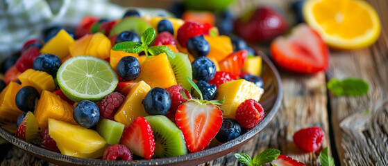 A colorful and nutrient-packed fruit salad featuring a variety of fresh and vibrant ingredients.