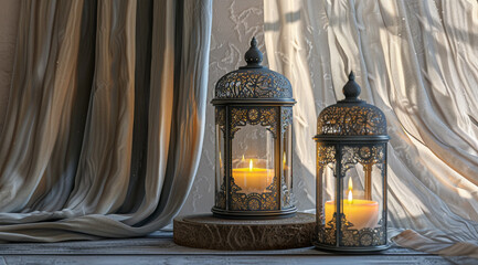 Two candle lit lanterns on a table with white curtain