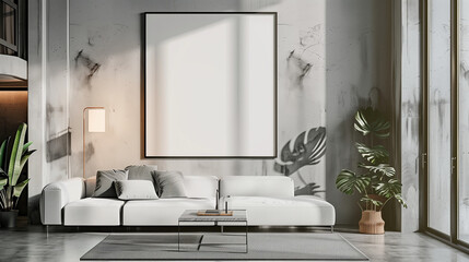 Mockup poster frame on the wall of living room. Luxurious apartment background with contemporary design. Modern interior design. 3D render, 3D illustration
