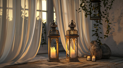 Two candle lit lanterns on a table with white curtain